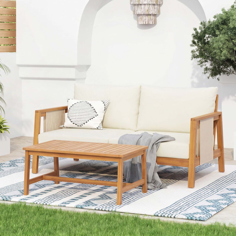 Ensemble de causeuse et table basse d'extérieur en bois d'acacia 2 pièces avec coussins hydrofuges pour terrasse de jardin