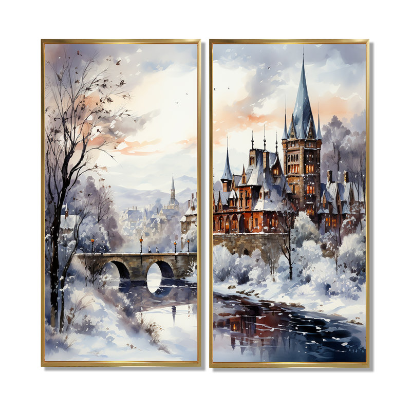 Merveilleux village d'hiver à Noël III - décoration murale traditionnelle blanche, 40" H x 40" W, Gold