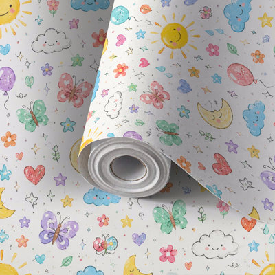 Papier peint auto-adhésif pour enfants, papier fantaisiste, dessiné à la main, nuages, étoiles, papillons, ballons, adhésif et amovible 24 po x 118 po (60 x 300 cm)