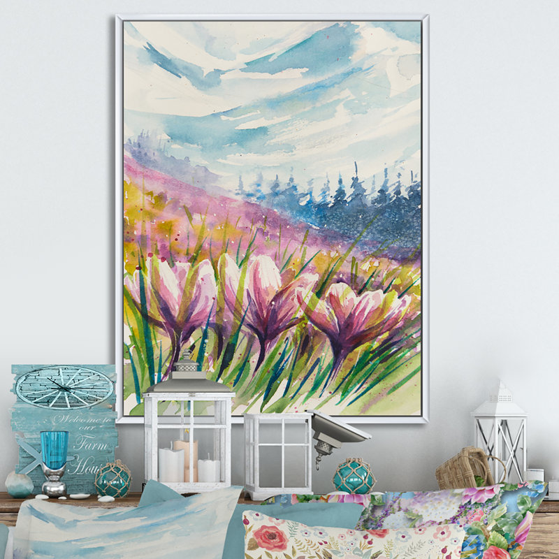 «Crocuses Meadow In Abstract Mountains», art mural traditionnel sur toile, H 36 po x l 24 po x P 1 po