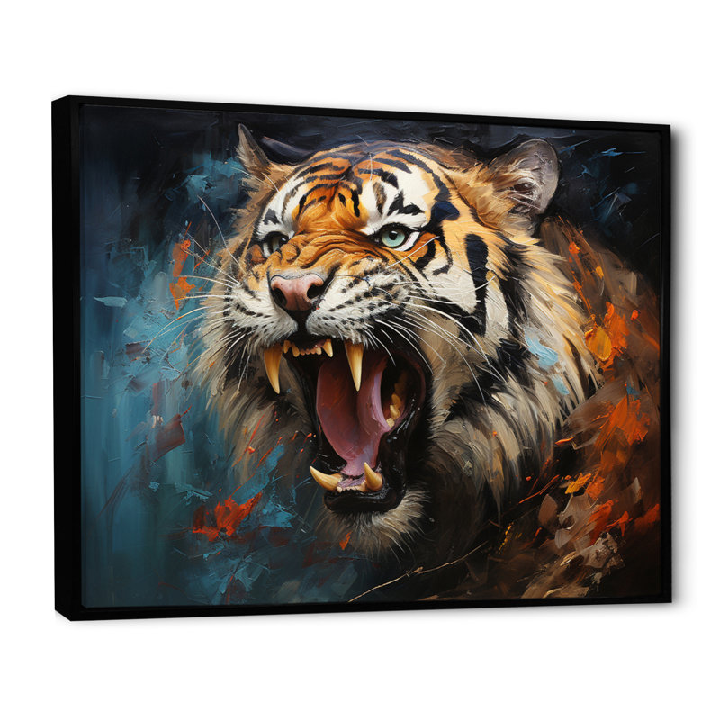 Tiger Roaring Majesty Collage II - Animals Canvas Art Print, H 16 po x l 32 po x P 1 po, Cadre flottant noir