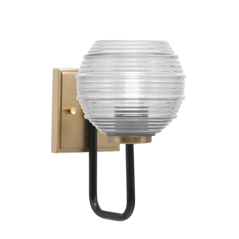 Amarmula 1 Light Wall Sconce, Matte Black & New Age Brass Finish, 6" Clear Ribbed Glass, Clear, Black/Brass