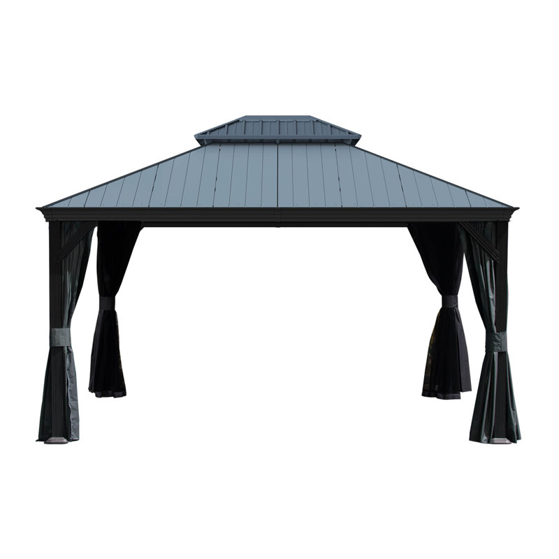 Pavillon de jardin 12 po x 14 pi avec toit double en résine et acier, pavillon extérieur permanent robuste avec gouttières de drainage, rideaux d'intimité et moustiquaire pour patio, cour arrière et spa