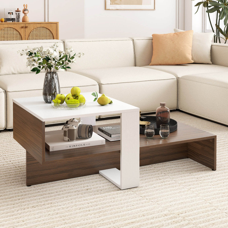 Table basse géométrique à 2 niveaux avec tablettes de rangement Home Modern