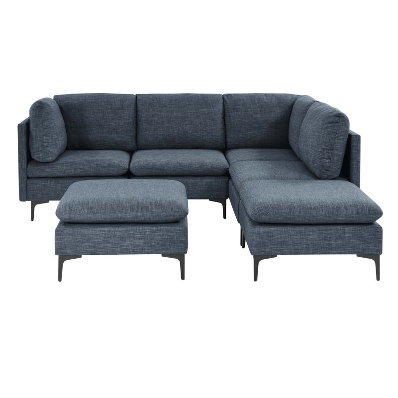 Canapé modulaire réversible avec repose-pieds Cheryal, Mélange de lin bleu