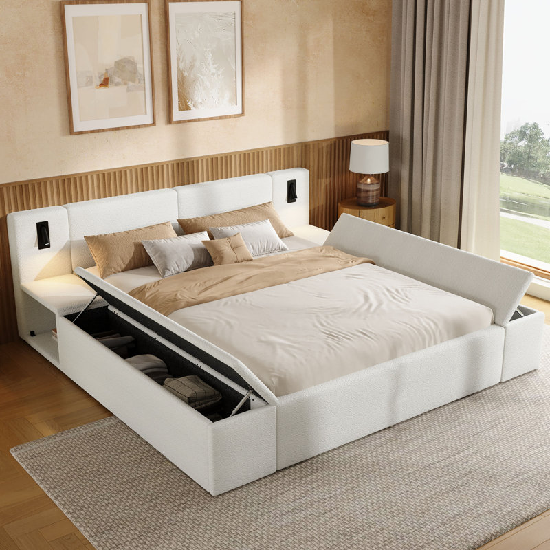Lit plateforme de rangement Queen/King en polaire Teddy avec barrières latérales relevables, pied de lit avec rangement, tables de chevet intégrées et lampes de lecture à DEL, blanc