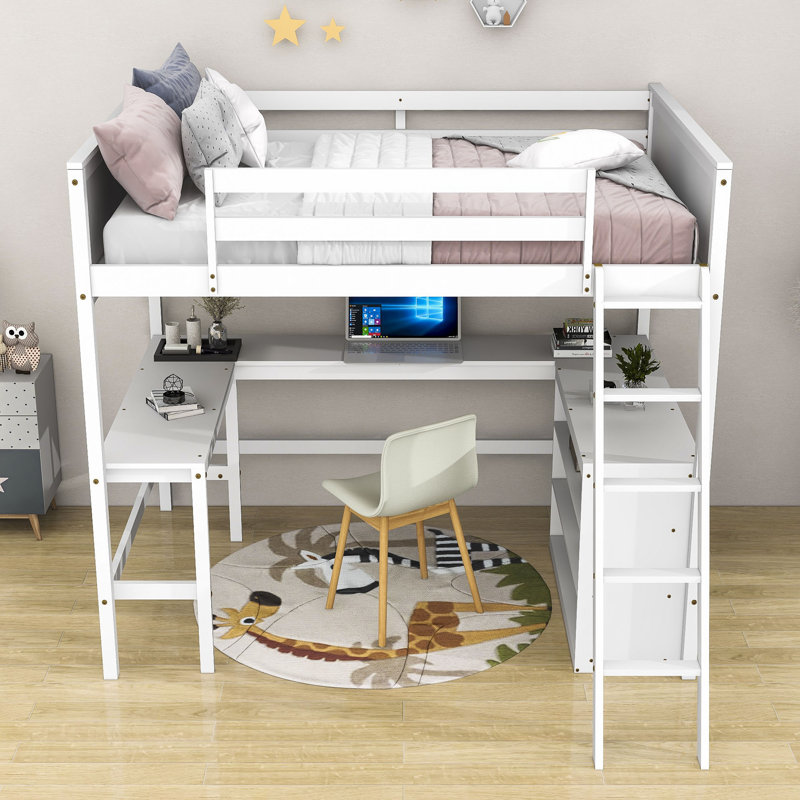 Wood Loft Bed with Desk and Shelves, White, Twin