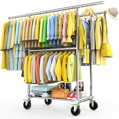 HOKEEPER Collapsible Double Heavy-Duty Rolling Garment Rack With Shelves – 600lb Capacity, 67x75x22 Inches, Silver Steel-629921