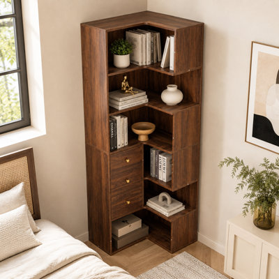 Bibliothèque en coin Chambaud en L avec 6 tablettes ouvertes et 3 tiroirs