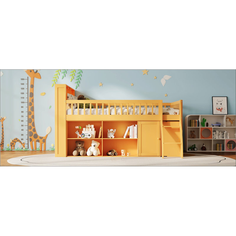 Grand lit mezzanine avec rangement, tête de lit à DEL et finition naturelle pour les chambres d'enfants modernes
