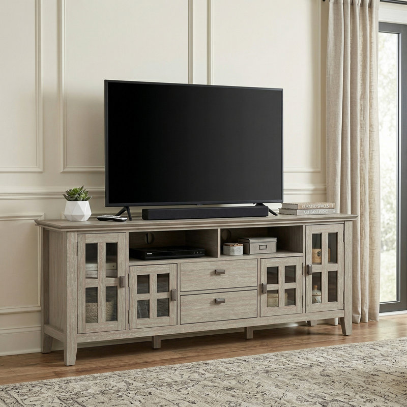 Artisan 72"W Solid Wood Transitional TV Stand for TVs up to 80" with 4 Cabinets, 2 Drawers, and Adjustable Shelves