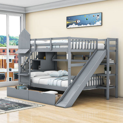 Jahmya 2 Drawers Wood Bunk Bed with Shelves and Slide