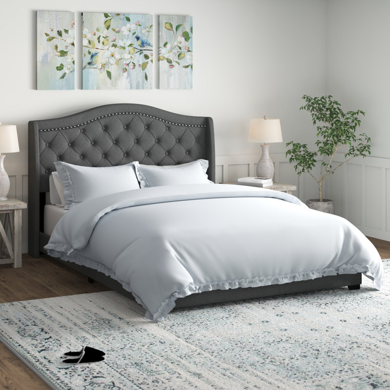 Aquira Upholstered Eastern King Wingback Bed Grey, King, Gray