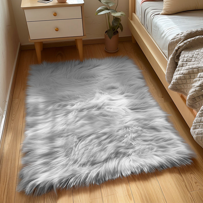 Tapis gris à poils longs fabriqué à la main Haja, Rectangle 3 pi x 5 pi