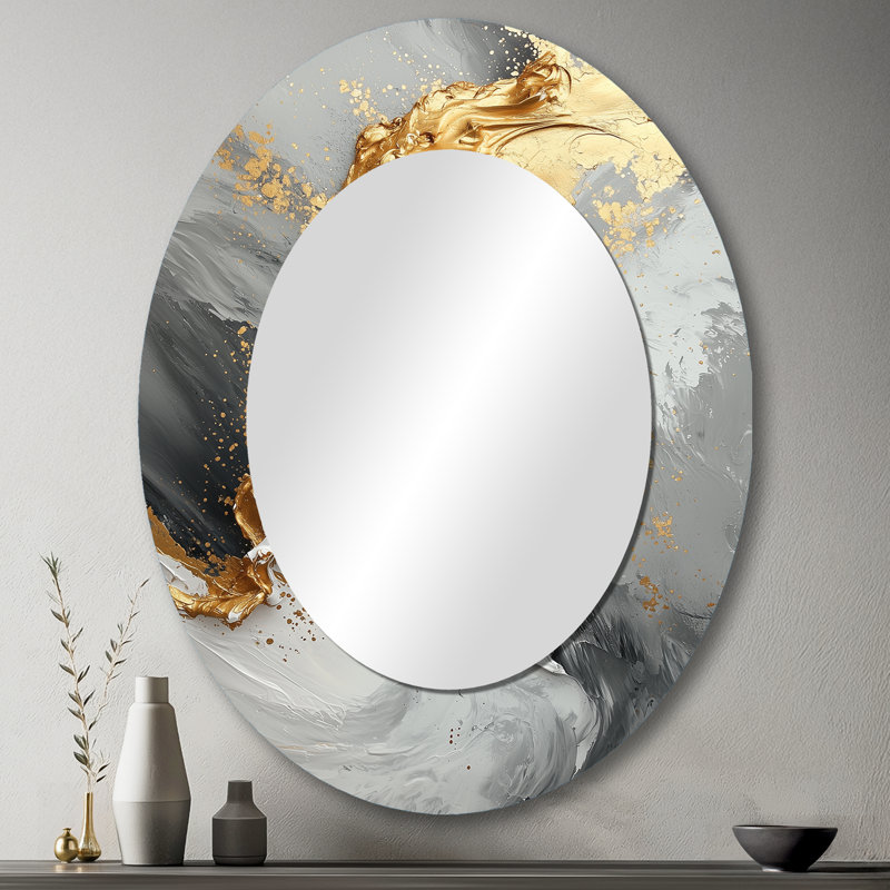 Gris et or abstrait marbre I - décor de miroir mural ovale doré, 43 po x 33 po