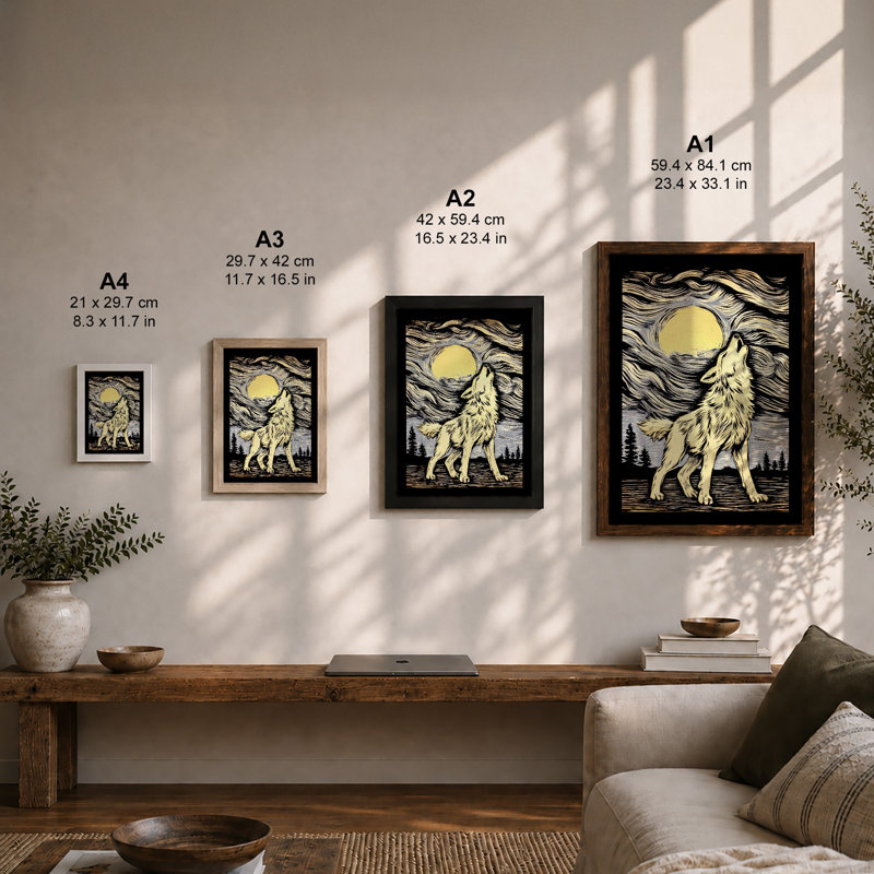 Wolf Howls At Moon Rustic - Print, A3 - 42.0 x 29.7 cm, White