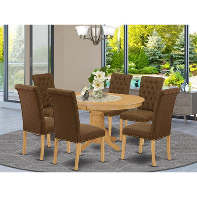 7 Piece Dining Room Furniture Set Consist of an Oval Dinner Table with Butterfly Leaf and 6 Brown Linen Fabric Parson Chairs, Oak