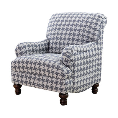 Chaise haute bleue rembourrée avec accoudoirs classiques et siège attaché pour les pieds tournés au fini brun