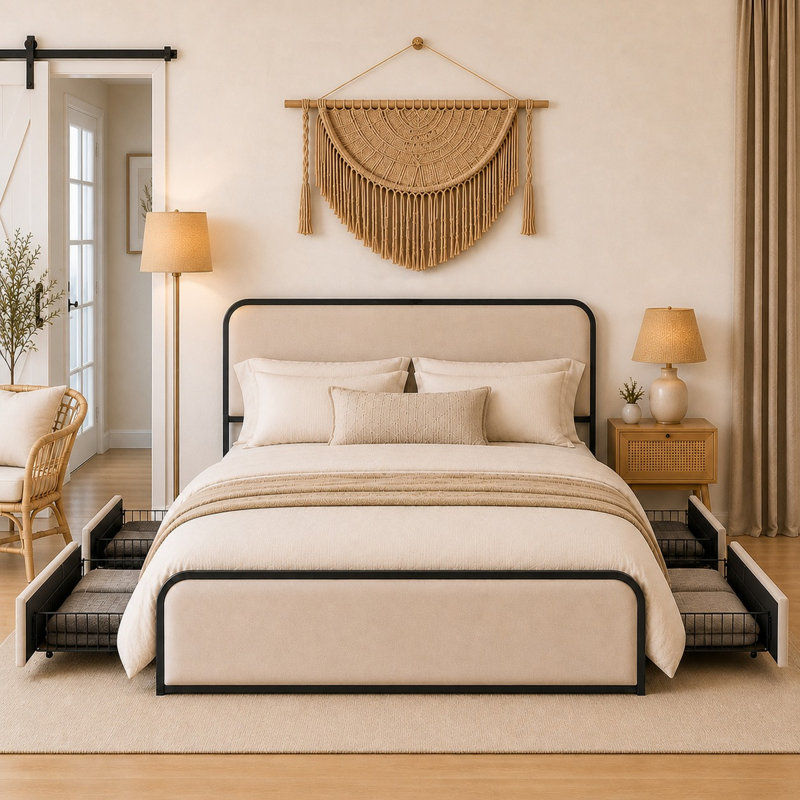 Henos Upholstered Metal Platform Storage Bed, Beige, Queen