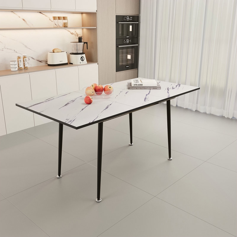 47" Expandable To 63" Inch MDF Square Marble Patterned Dining Table, Modern Industrial Kitchen And Dining Table, Equipped With Tapered Metal Legs