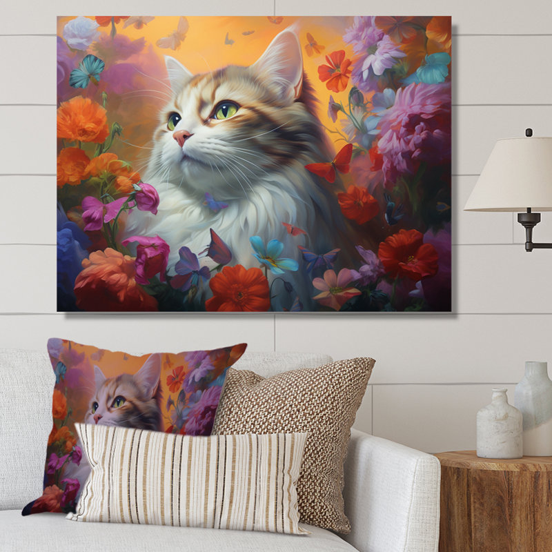 Portrait d'un chat gracieux avec des fleurs I, H 16 po x l 32 po, White Picture Framed