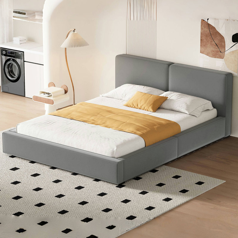 Grand lit plateforme gris avec revêtement en velours et surface de couchage confortable en velours, Gris