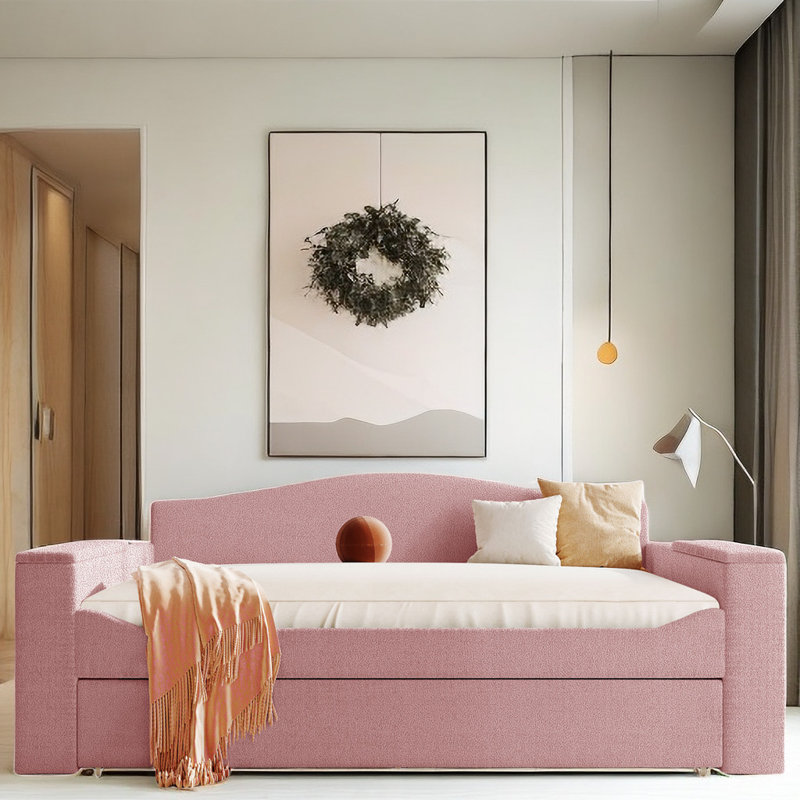 Teddy Fleece Daybed With Storage Armrests, Trundle, USB Port, Pink