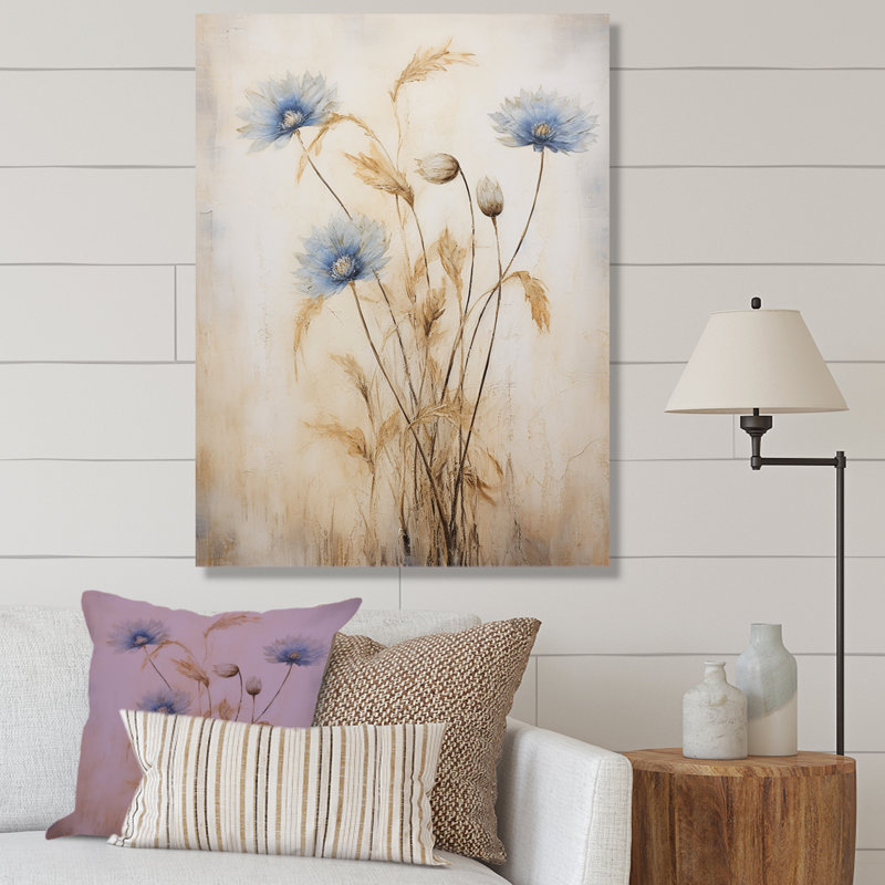 «Minimal Beige and Blue Cornflowers Expression II», reproduction sur toile, Toile tendue, 20" H x 12" W