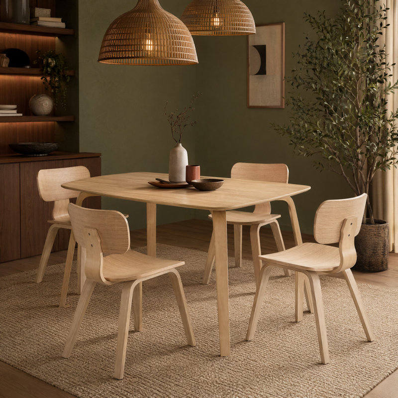Nova Wood Dining Room Set For 4 — Modern Scandinavian Design With Ergonomic Curved Chairs, Tan , 4