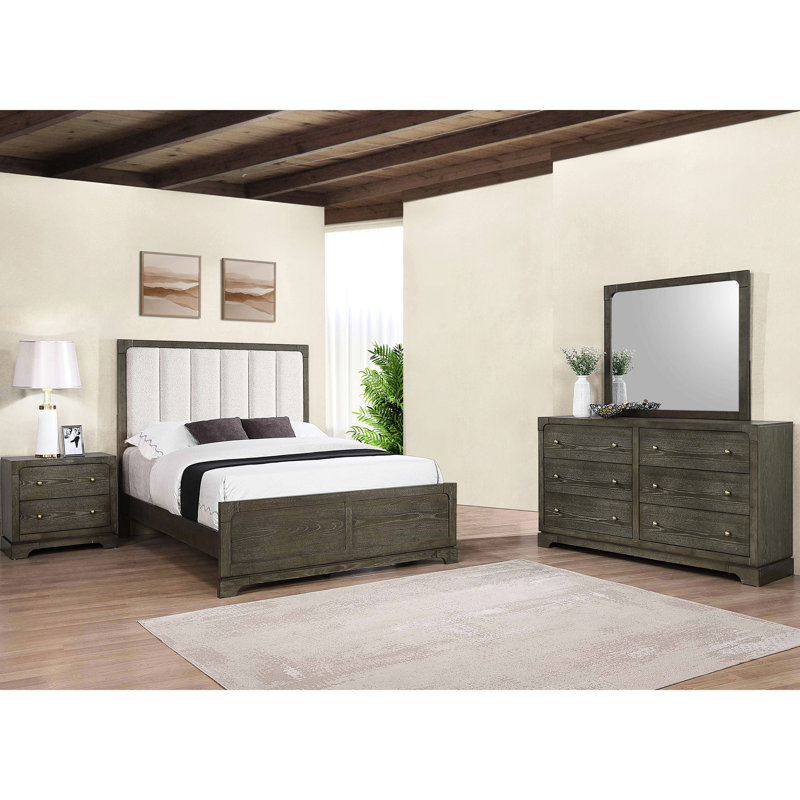 4 chambres dans le noir avec un très grand lit oriental, une tête de lit tapissier beige Boucle et des finitions de rangement utiles