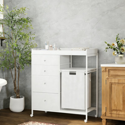 Short Bathroom Storage Cabinet, Small Floor Cabinet With 4 Drawers And Trash, For Small Spaces, 32.6" W X 32.6” H