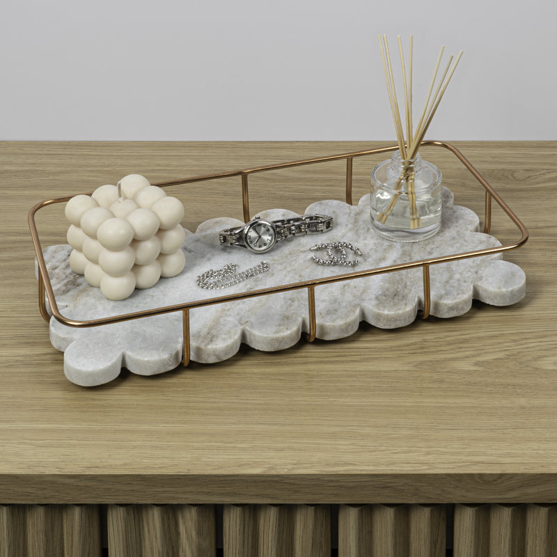Monarch 12" x 6" Modern Industrial Metal/Marble Scalloped Base Vanity Tray, Beige Marble/Rose Gold