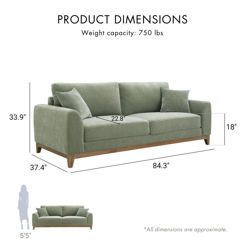Celina Chenille Sofa With Throw Pillows, Green