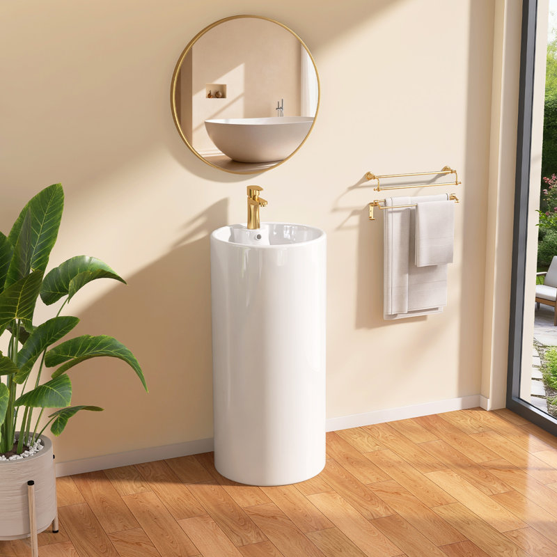 Lavabo de salle de bain autoportant circulaire sur pied 16 po x 16 po, lavabo de salle de bain piédestal en céramique blanche avec trop-plein et lavabos piédestal en céramique moderne pré-percés