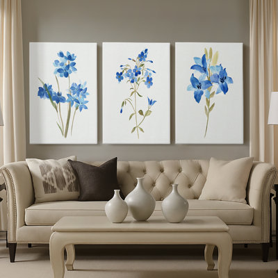 «Blue Blossom Botanical I», toile tendue sur mesure - 3 pièces