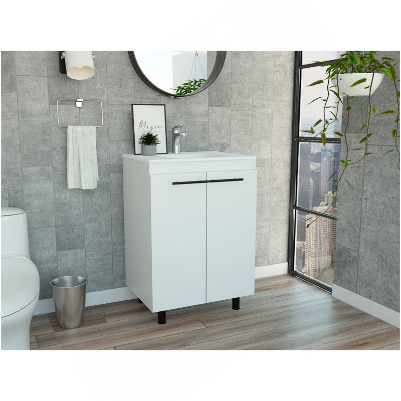 Armoire de plancher 24 po Khari, double porte, deux tablettes - blanc