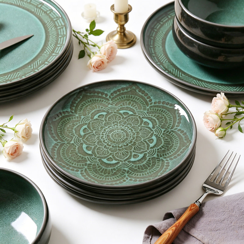 Service de table en grès 12 pièces Lotus Service - pour 4, Noir/vert