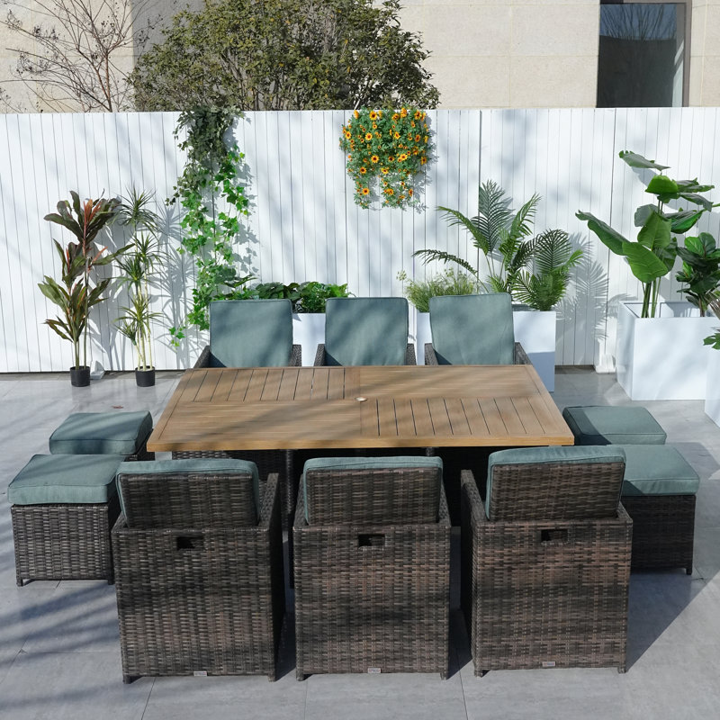 Jarhia 10 - Person Wicker Patio Dining Set with Rectangular Table , Cushions Included, Brown, Celadon