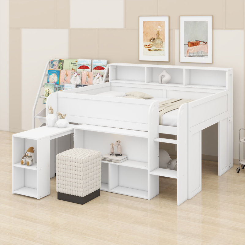 Lit mezzanine peu encombrant avec bureau intégré, nombreuses tablettes et éclairage à DEL doux, Blanc