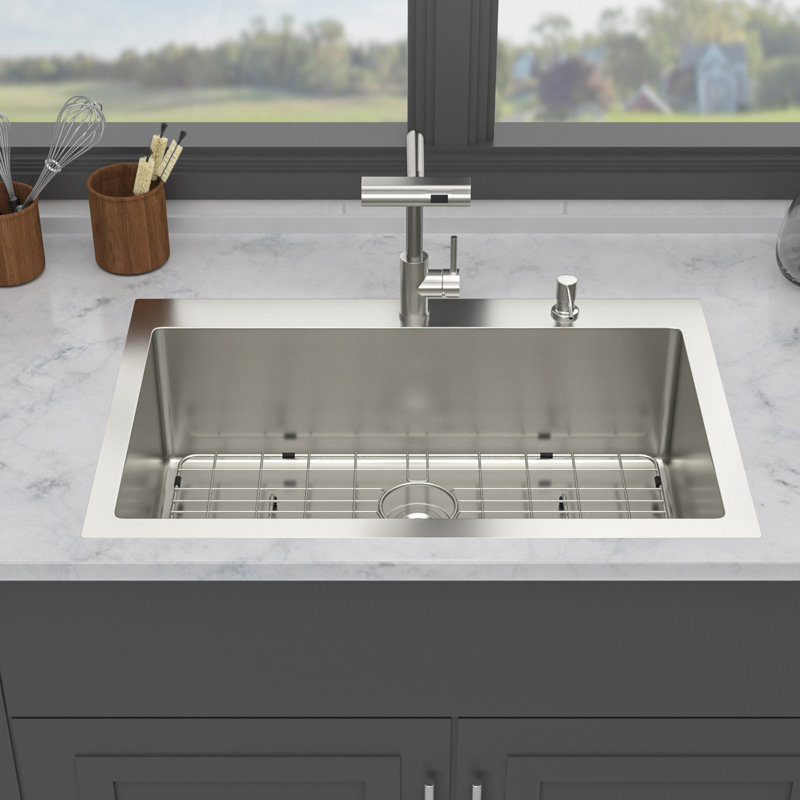 Évier de cuisine à montage sur plan avec robinet coulissant et distributeur de savon, évier de cuisine à cuve simple en acier inoxydable de calibre 16