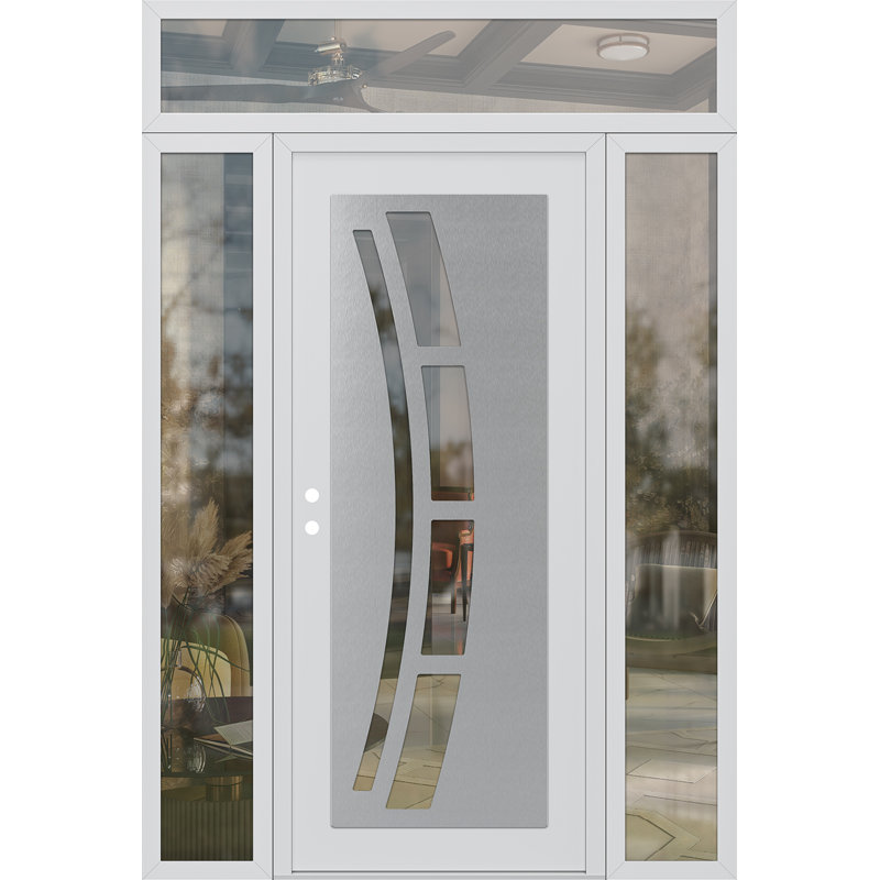 C12 à droite 68 po X 96 po Panneau en acier argenté et verre transparent blanc et blanc avec 2 portes d'entrée latérales et porte avant en verre transparent