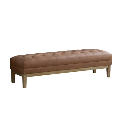 Pouf d'appoint capitonné en similicuir de 160 cm de large, avec pieds en hévéa finition Seadrift, repose-pieds et siège rembourré, idéal pour une entrée, un salon, une chambre, une salle à manger ou un couloir.