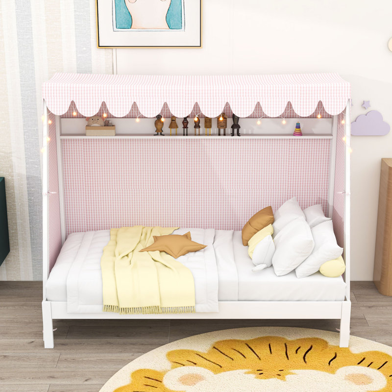 House Bed with Trundle, Tent, LED Lights and Shelf, White