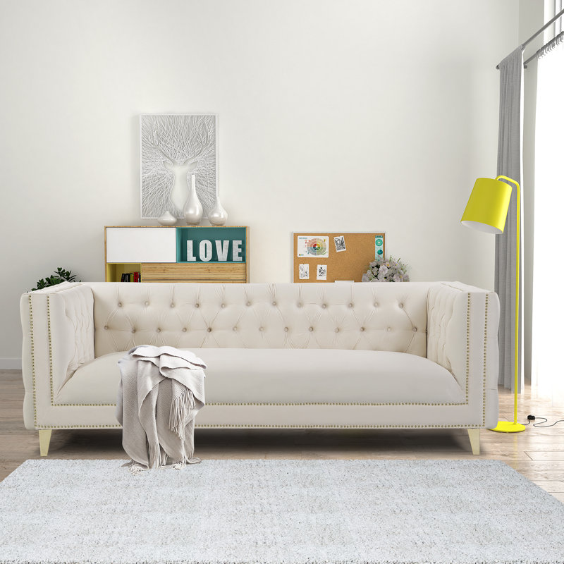 Arnav luxe Velvet Sofa, 86" Wide,  Solid Construction, Fully Assembled, Cream Velvet