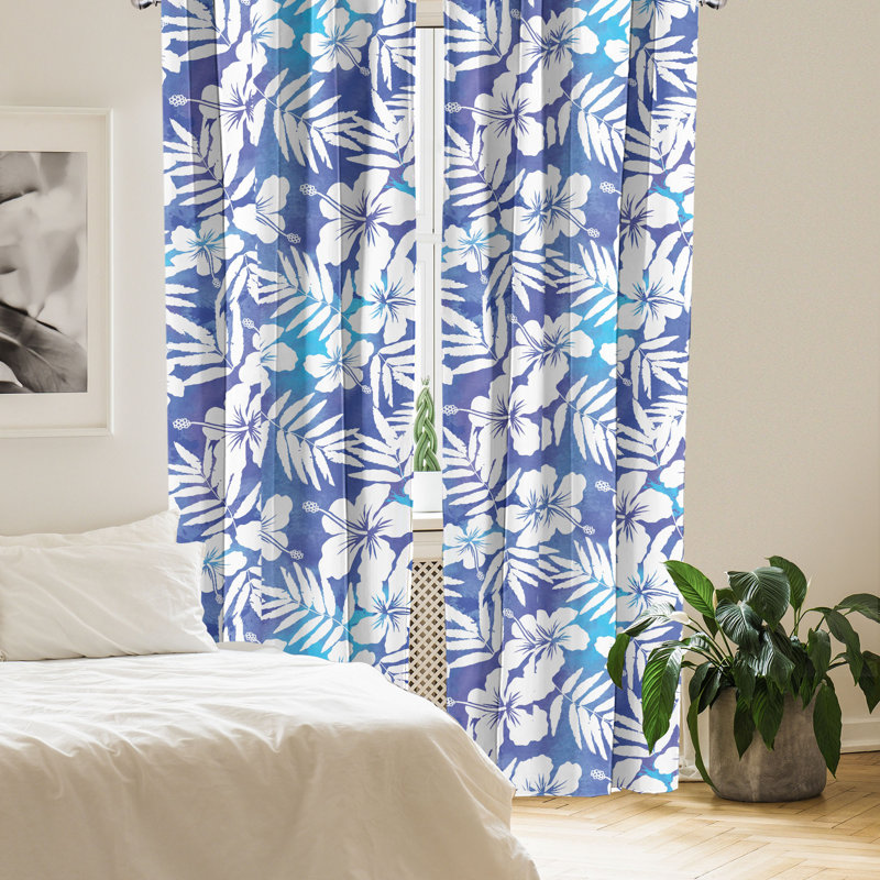 Blue and White Floral Microfiber Sheer Rod Pocket Curtains