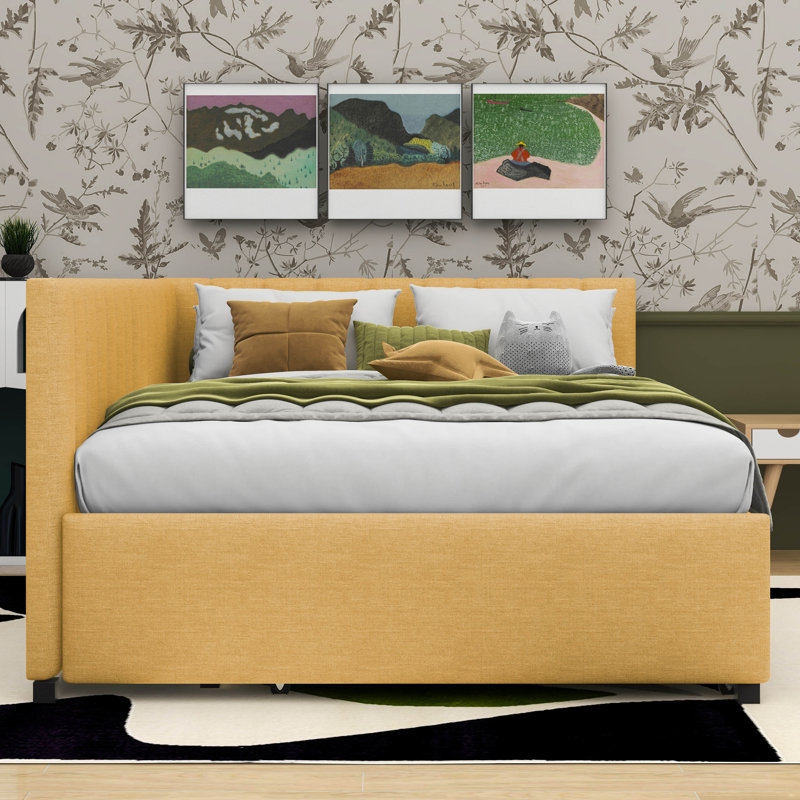 Full Size Upholstered Daybed with Trundle Sofa Bed Frame, Yellow