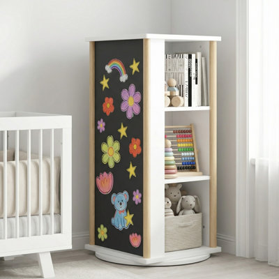 Bibliothèque pivotante à 360 ° pour enfants avec tableau noir et rangement pour jouets, présentoir à livres rotatif en bois à 3 niveaux pour salle de jeux pour tout-petits