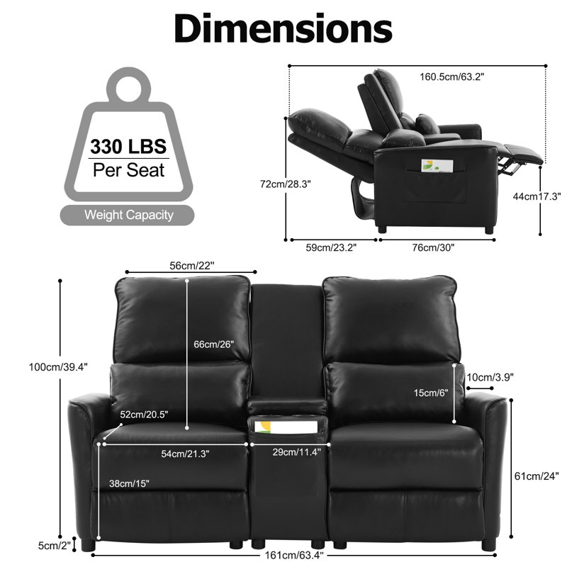 Manual Reclining Loveseat With Center Console, Cup Holders & Storage, Push-Back Recliner Sofa With Pillows For Living Room