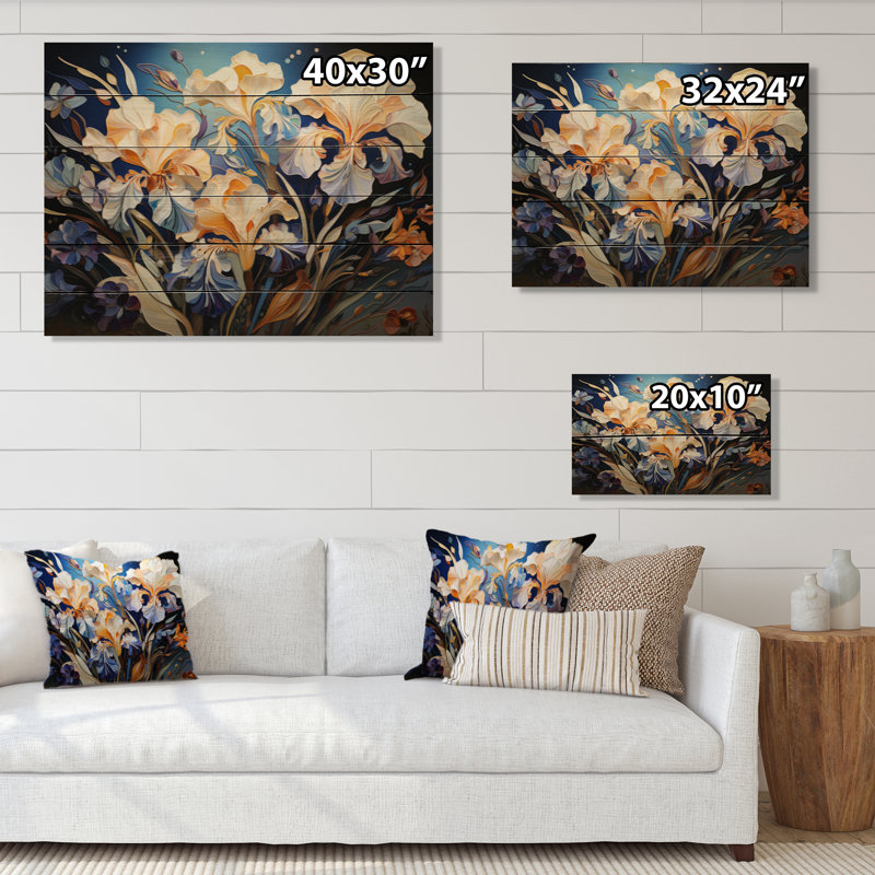 Iris jaune, bleu, iris, danse - impression sans cadre sur bois, H 10 po x l 20 po x P 0,78 po