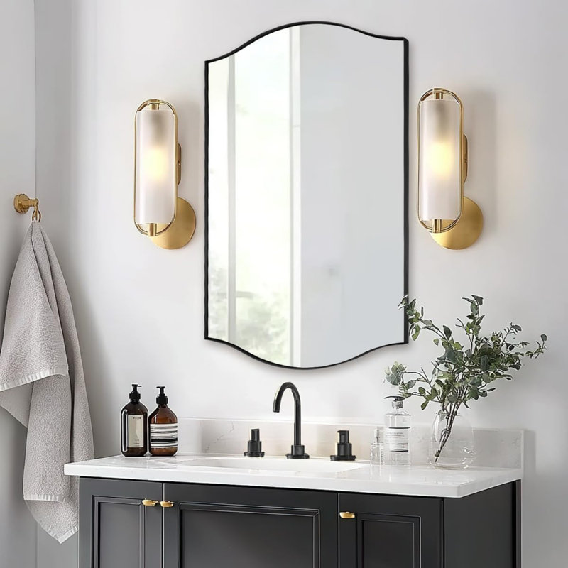 Dual Arch Scalloped Rectangular Bathroom Wall Mirror | Stainless Steel Frame, Matte Black, 30" x 20"